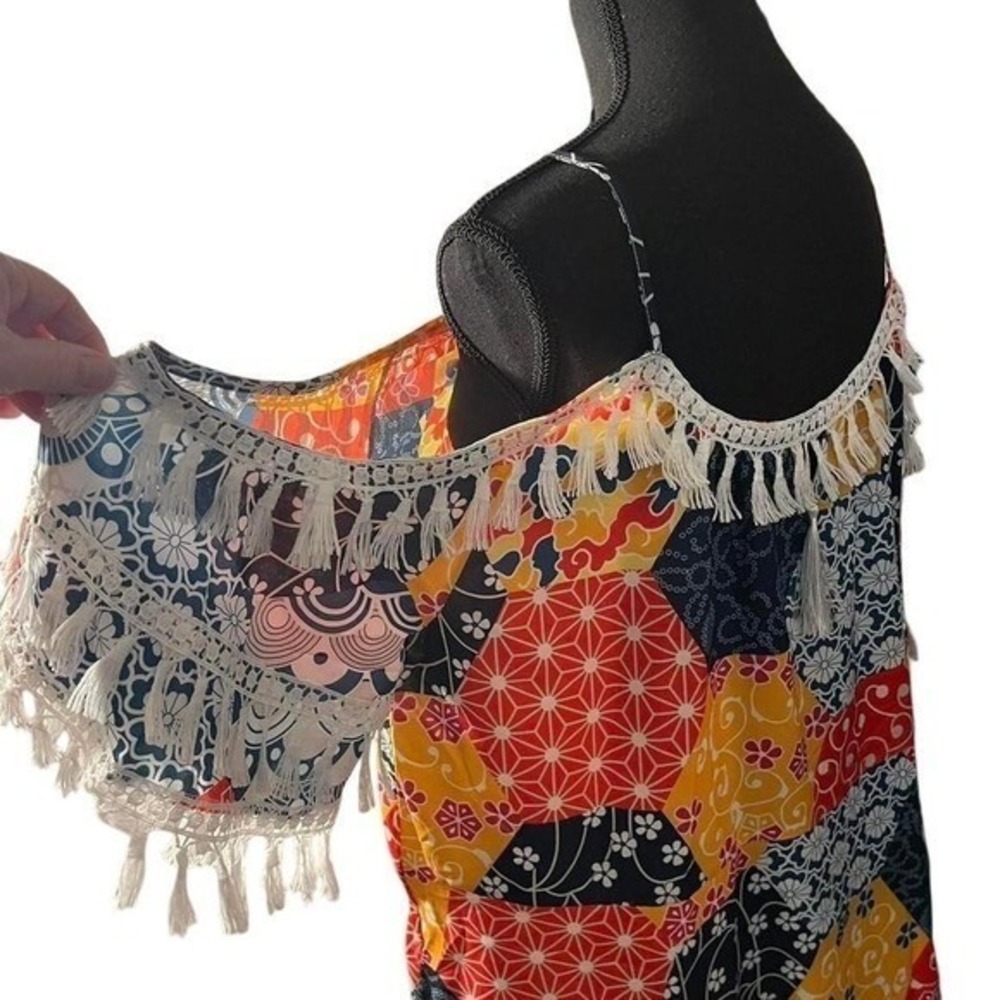 Boho patchwork off shoulder dress with fringe hem. 2XL - Picture 3 of 5